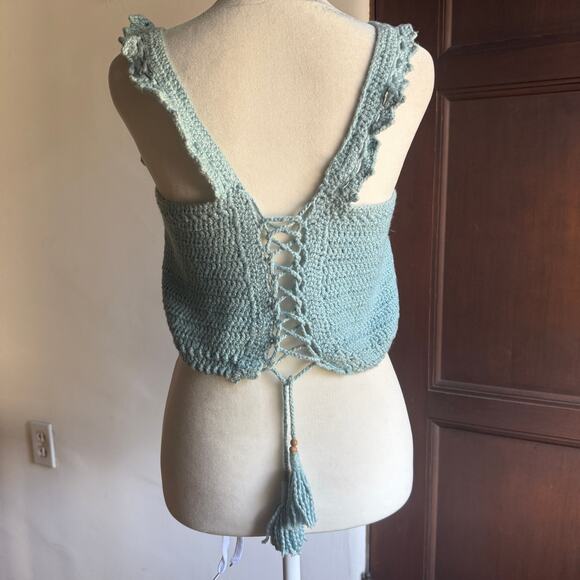 Vintage Handmade | Paste Blue Cotton Knit Crop Top with Corset back | Small - Picture 3 of 3